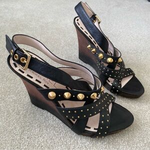 “RACHEL Rachel Roy” Sandals, wedge heel, leather straps with gold studs, Size 8